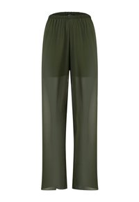 Pantalon ample vert olive transparent avec taille élastique et jambes droites larges.