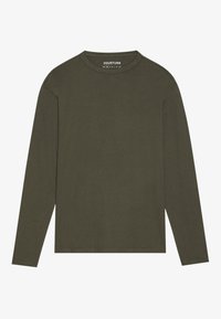 Long-sleeve shirt in dark olive green, made of soft fabric with a crew neckline and simple, unembellished design.