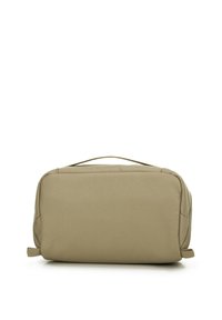 Rechthoekige toilettas van gedempt beige stof, met een ritsluiting, een handvat aan de bovenkant en subtiele stiksels aan de zijkanten.