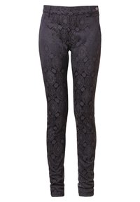 Svarta, mönstrade byxor med en texturerad design som har paisley- och blommönster; slim fit med midjeresår och framknäppning.