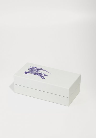 White rectangular box with a purple graphic of a rearing horse on the lid. Smooth texture, no visible hardware or embellishments.