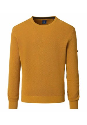 Senfgelbes Sweatshirt, strukturiertes Strickgewebe, Rundhalsausschnitt, lange Ärmel, gerippte Bündchen und Saum, kleines Logodetail am Ärmel.