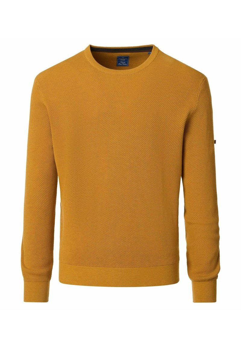 Senfgelbes Sweatshirt, strukturiertes Strickgewebe, Rundhalsausschnitt, lange Ärmel, gerippte Bündchen und Saum, kleines Logodetail am Ärmel.