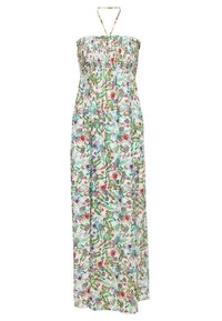 Blomstret maxi kjole med smocket bodice, justerbare halterneck-stropper og en lang, svævende nederdel med livlige farver og bladmønstre.
