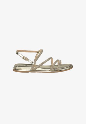 Metallic goldene Sandalen mit mehreren dünnen Riemen, flacher Sohle und Schnallenverschluss am Knöchel. Glattes Innenfutter und flexible Gummisohle.