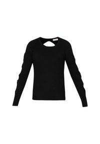Maglione nero a coste con maniche lunghe, colletto tondo e dettaglio a taglio sul retro. Design aderente con tessuto testurizzato.