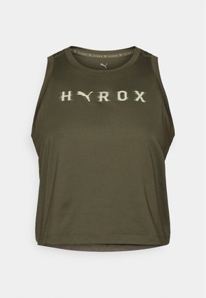 Olive green sleeveless crop top with "HYROX" logo in light color, made of smooth fabric with a round neck and a slightly loose fit.