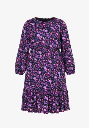 Blumenkleid aus schwarzem Stoff mit violetten und pinkfarbenen Blumenmustern, langen Ärmeln, elastischer Taille und einem gerafften Rock mit Rüschensaum.