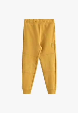 En ung dreng står med hænderne på hoften iført en langærmet, stribet skjorte, sennepsgule bukser og hvide sneakers foran en ensfarvet baggrund.