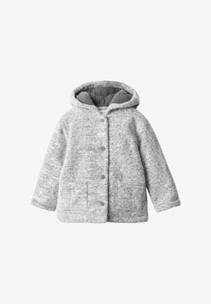 Šedá kapucňová bunda z texturované tkaniny s knoflíkovým zapínáním, vybavená dvěma bočními kapsami a prošívanou podšívkou.