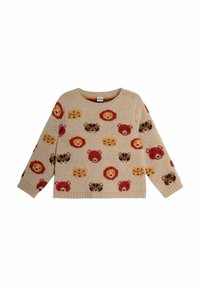 Pull en maille beige avec des motifs animaliers : lions, ours et tigres dans des nuances de rouge, orange et marron. Col rond et détail de bouton sur le côté.