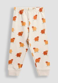 Kinder Baumwollhosen mit einem cremefarbenen Hintergrund und einem verspielten Muster aus orangefarbigen und braunen Cartoon-Bison. Elastischer Bund und Bündchen.
