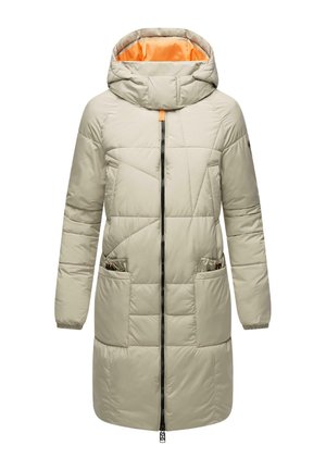 Beige polstret frakke med hætte, orange inderside, front lynlås lukning og to sidelommer med kontrasterende orange detaljer.