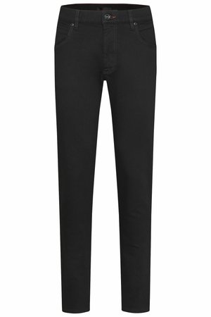 Schwarze Denim-Hosen im Slim-Fit, mit fünf Taschen, kontrastierenden Nähten und einem Knopfverschluss. Glatter, strapazierfähiger Stoff.