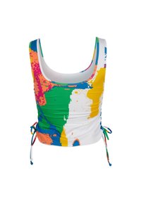 Top court sans manches avec col rond, motif de taches de peinture abstraites multicolores et liens latéraux réglables.
