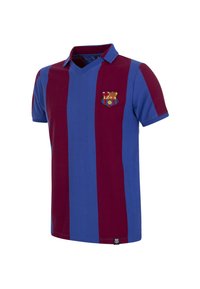 FC Barcelona voetbalshirt met verticale strepen in kastanjebruin en blauw, een v-halsontwerp en een clubembleem op de linkerborst. Katoenen materiaal.