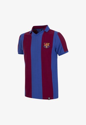 FC Barcelona voetbalshirt met verticale strepen in kastanjebruin en blauw, een v-halsontwerp en een clubembleem op de linkerborst. Katoenen materiaal.