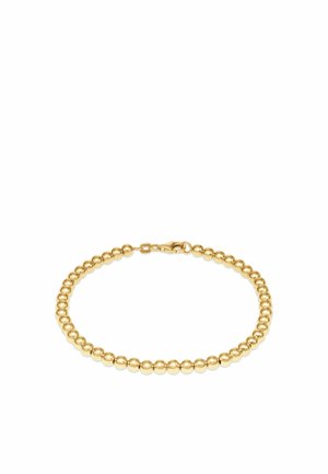 Goldenes Perlenarmband mit Karabinerverschluss, in einem Kreis auf weißem Hintergrund angeordnet.