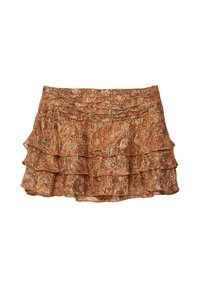 Kurzer, gestufter Rock in Orange- und Brauntönen, mit einem Paisleymuster und einem strukturierten Stoff. Der geraffte Saum verleiht Dimension.