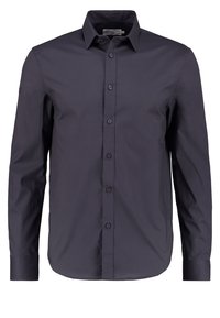 Camicia a maniche lunghe di colore blu navy scuro, realizzata in cotone liscio. Presenta un colletto classico, bottoni frontali e un design semplice.