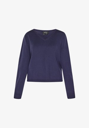 Fioletowy sweter z dekoltem w serek i długimi rękawami, wykonany z miękkiej dzianiny. Posiada skrócony krój i prążkowany dół, co dodaje mu faktury.