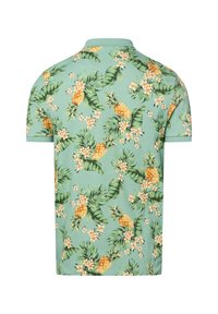 Polohemd aus mintgrünem Stoff mit einem lebhaften Ananas- und Blumenmuster. Kurze Ärmel und ein klassisches Kragen-Design.