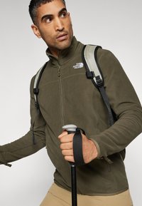 Alyvų žalios spalvos flisinė striukė su aukštu apykakle, priekiniais užtrauktukais ir The North Face logotipu. Medžiaga yra minkšta; turi reguliuojamus dirželius ir kišenes.