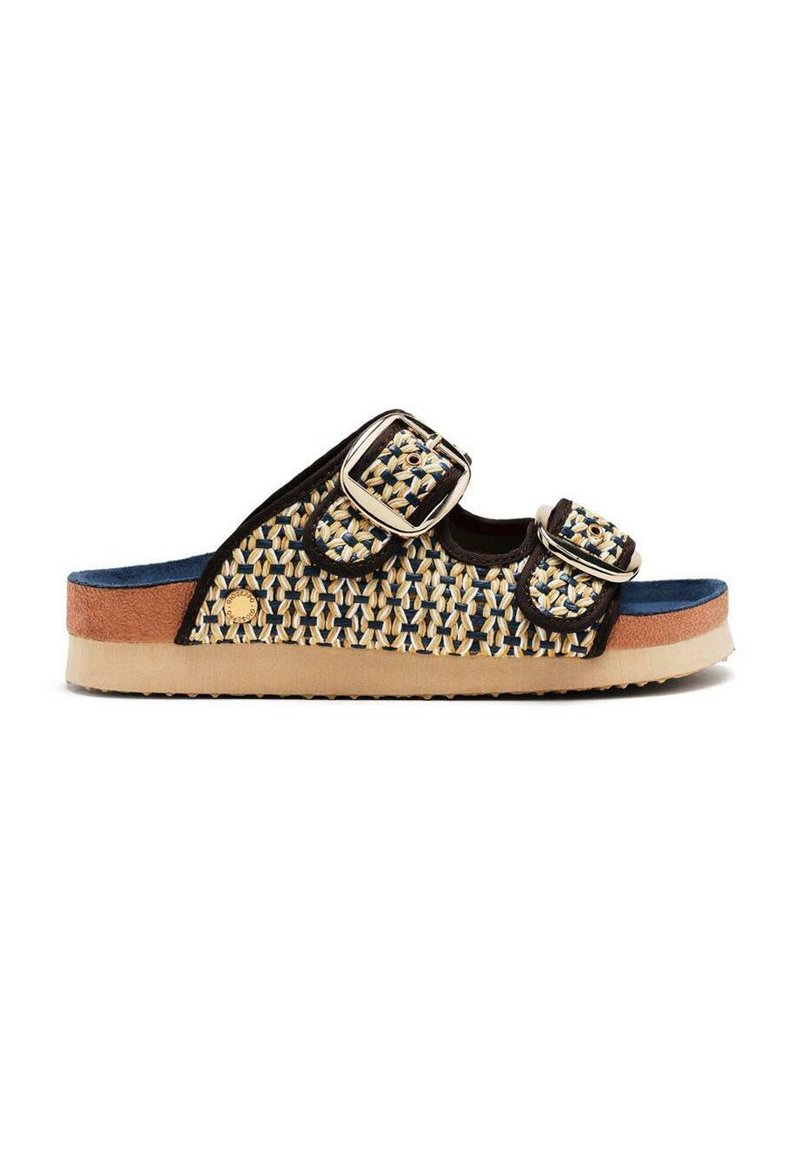 Infradito intrecciati con due cinturini regolabili, tonalità marrone e beige, suola blu, cinturino texturizzato e sottopiede in gomma leggera.