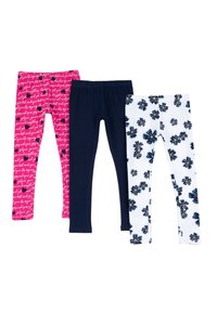 Trois paires de leggings pour filles : rose avec texte blanc, bleu marine uni, et blanc avec un imprimé floral bleu marine. Tous sont en tissu extensible avec des ceintures élastiques.