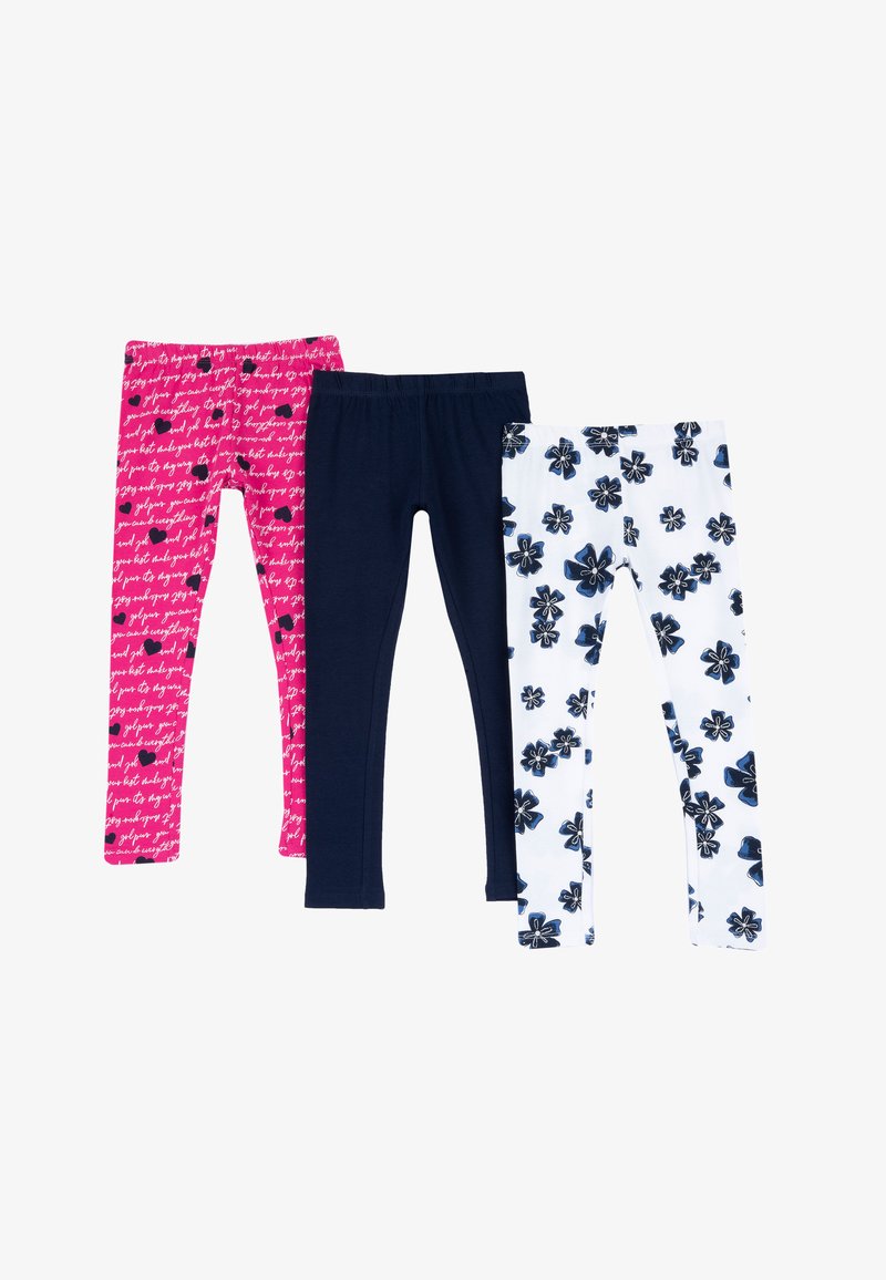 Tres pares de leggins para chicas: rosa con texto blanco, azul marino sólido y blanco con estampado floral en azul marino. Todos son de tela elástica con cinturillas elásticas.