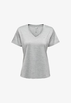 Lichtgrijs T-shirt voor dames met korte mouwen en V-hals, subtiele gemêleerde structuur en klein logo op de linkerborst, weergegeven op een witte achtergrond.