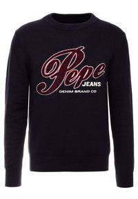 Maglione blu navy lavorato a maglia con scollatura rotonda, caratterizzato da un logo testurizzato scintillante "Pepe Jeans" in rosso e bianco sul petto.