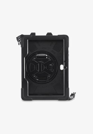 Black rugged tablet case with reinforced corners, adjustable straps, and a central rotating mount on the back for secure grip or stand.
