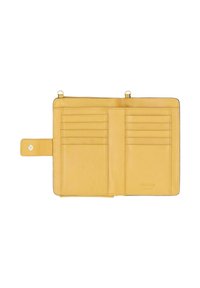 Yellow leather wallet with multiple card slots, smooth texture, and a snap closure. Features embossed logo on interior.