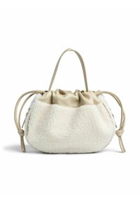Borsa a mano in tessuto bianco e morbido, con parte superiore e tracolla in pelle beige, caratterizzata da un design arricciato e lacci laterali per la regolazione.