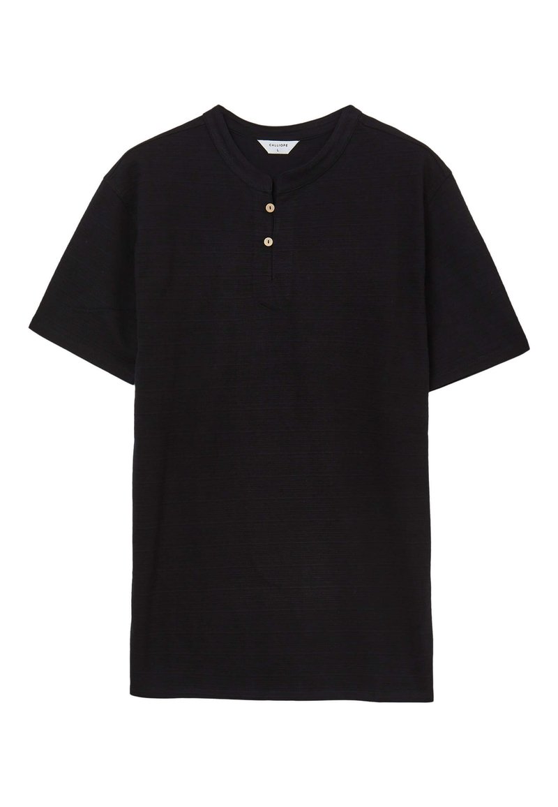 T-shirt nero a maniche corte realizzato in tessuto testurizzato, con scollatura rotonda e due bottoni in legno sullo scollo. Design e vestibilità semplici.