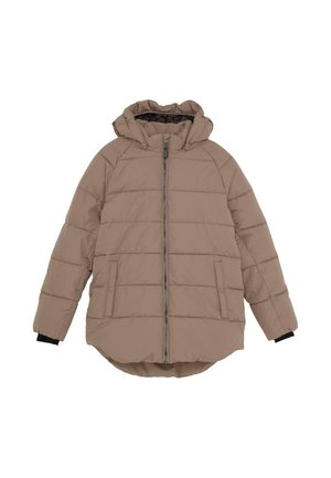 Giubbotto imbottito di colore beige, con zip frontale, cappuccio, tasche laterali e polsini a coste, con un orlo posteriore leggermente più lungo e motivo a trapuntato.