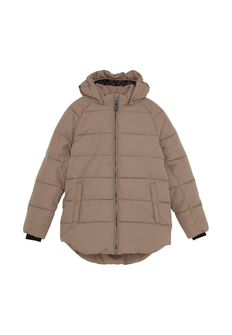Chaqueta tipo plumón en color tan, con cierre frontal de cremallera, capucha, bolsillos laterales y puños acanalados, con un dobladillo trasero ligeramente más largo y patrón acolchado.