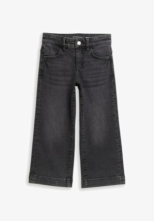Schwarze Jeans mit weitem Bein, Fronttaschen, Gürtelschlaufen und Knopfverschluss, flach auf weißem Hintergrund ausgelegt.
