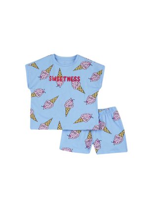 Lichtblauwe katoenen pyjamセット met korte mouwen en shorts, versierd met roze ijsco Cone-patronen en de tekst "SWEETNESS".