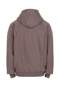 Brązowo-szara bluza z kapturem widoczna z tyłu, z widocznymi detalami szwów oraz ściągaczami u mankietów i u dołu.