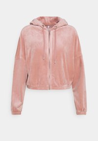 Felpa con zip in velour rosa pallido, con lacci, maniche lunghe e polsini elasticizzati, mostrata su uno sfondo bianco semplice.