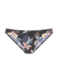 Cvetlični bikini spodnji del z črno ozadjem, barvitimi cvetličnimi in listnatimi potiski, elastičnim pasom ter gladkim, raztegljivim materialom.