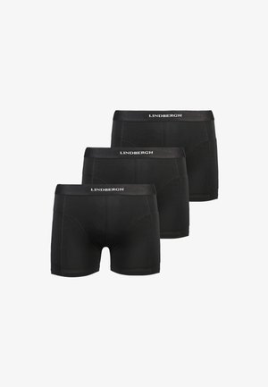 Trzy czarne bokserki męskie z elastycznymi paskami w talii, na których widnieje nazwa marki "Lindbergh" w białym kolorze.