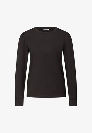 Černé bavlněné tričko s dlouhým rukávem, kulatým výstřihem a nařasenými detaily na ramenou, se hladkou texturou a přiléhavým střihem.