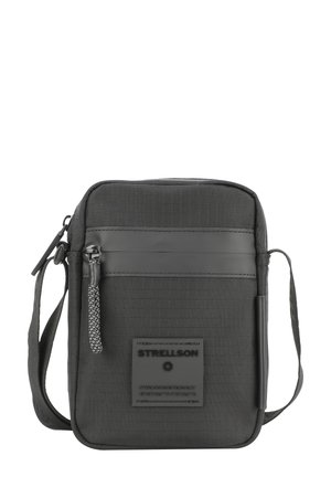 Compact black crossbody bag with front zipper pocket, adjustable strap, and a Strellson brand label on the front panel.