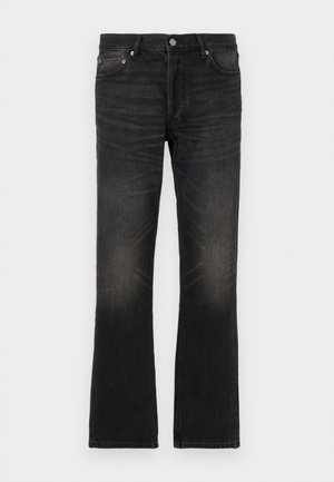 Sorte denim flared jeans med en falmet finish, fem lommer og sølv hardware. Har en klassisk waistband og let tekstureret stof.