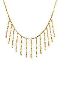 Collana d'oro caratterizzata da una serie di anelli allungati a forma di goccia disposti in stile frangia, con una texture liscia e lucida.