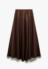 Bruine, vloeiende midi-rok van een soepele stof met een elastische tailleband en een brede silhouet. Heeft een licht A-lijn vorm.