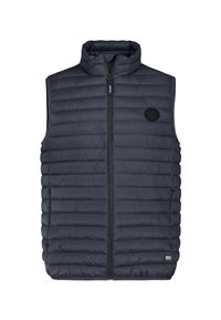 Navyblauer, gesteppter, ärmelloser Weste mit Reißverschluss vorne, hohem Kragen und zwei kleinen schwarzen Marken-Patches auf Brust und Saum.